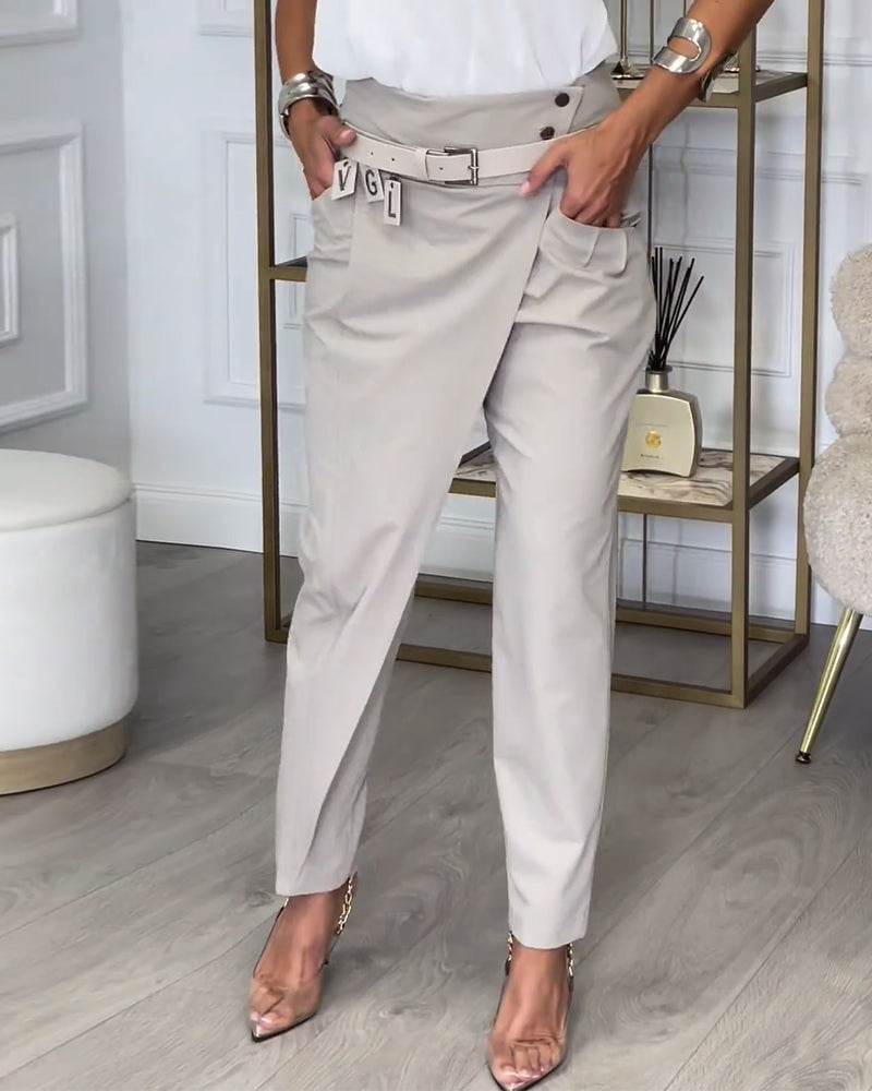 Fashionable solid color pocket irregular patchwork pants