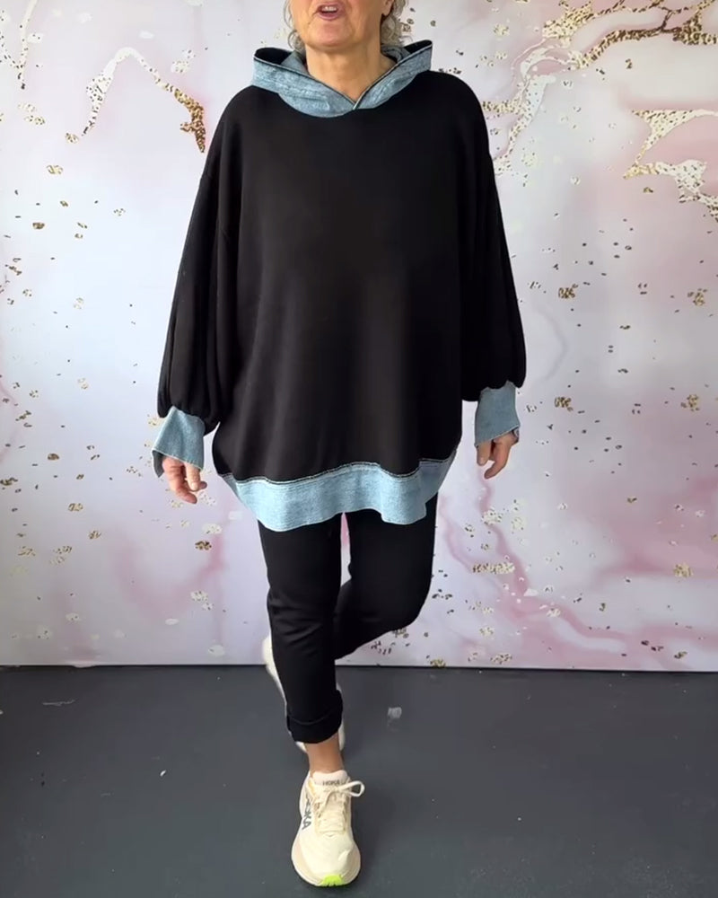 Casual contrast color lantern sleeve hoodie