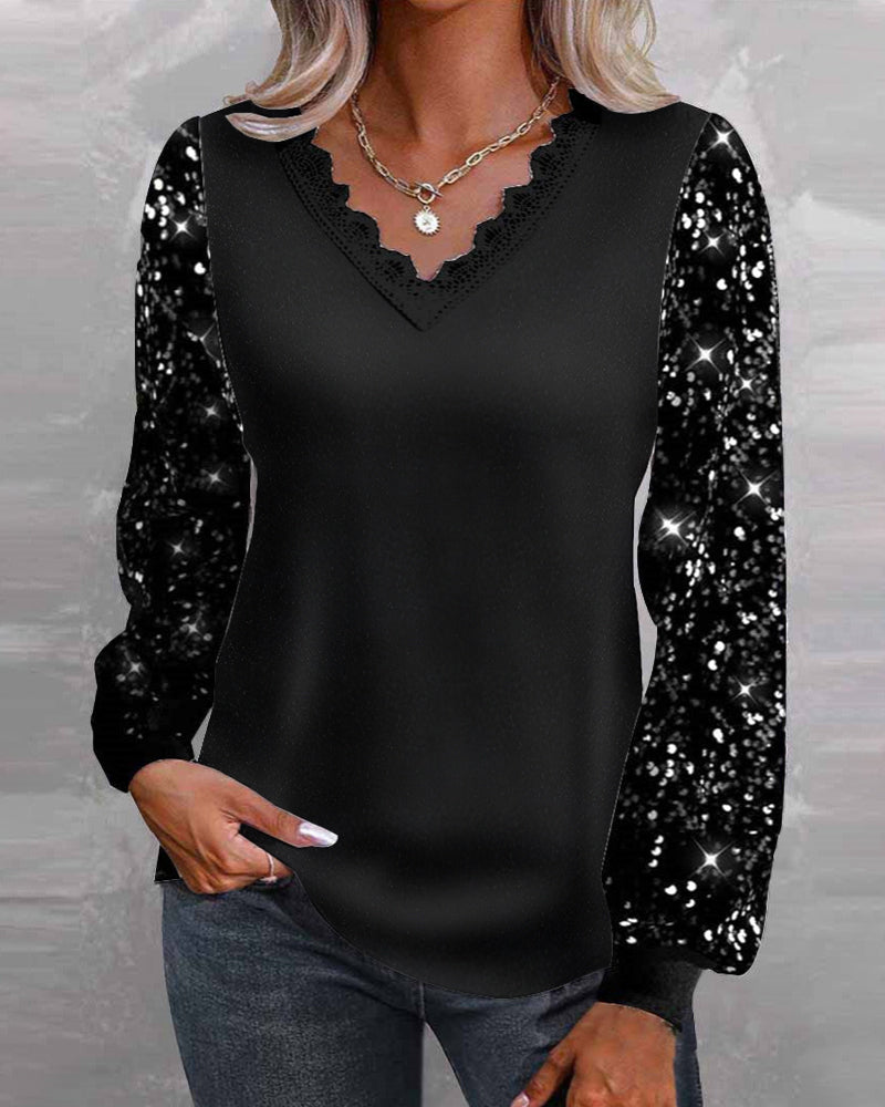Casual solid color sequin V-neck top