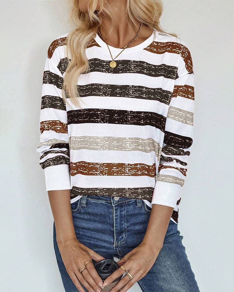 Crew Neck Long Sleeve Striped Casual Top