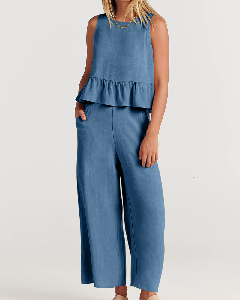 Ruffled sleeveless solid color two-piece suit