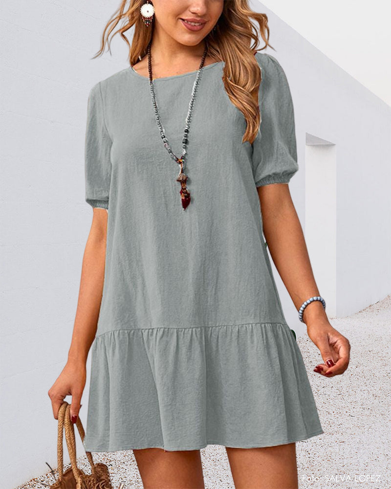 Cotton Linen Dress with Puff Sleeves