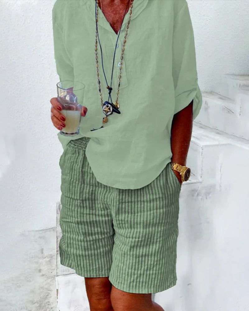 Cotton and linen stripe print shorts