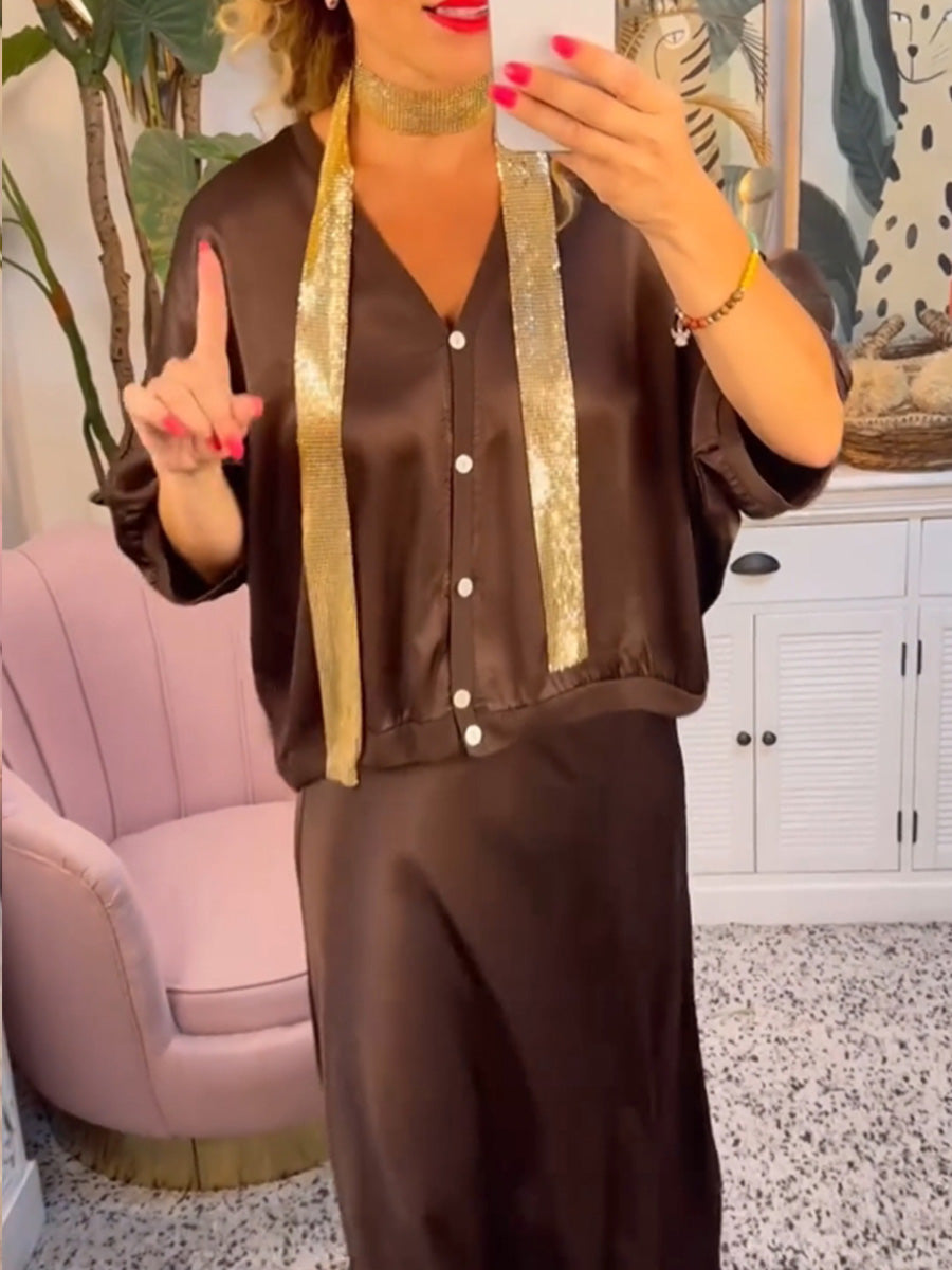 Casual solid color button V-neck skirt set