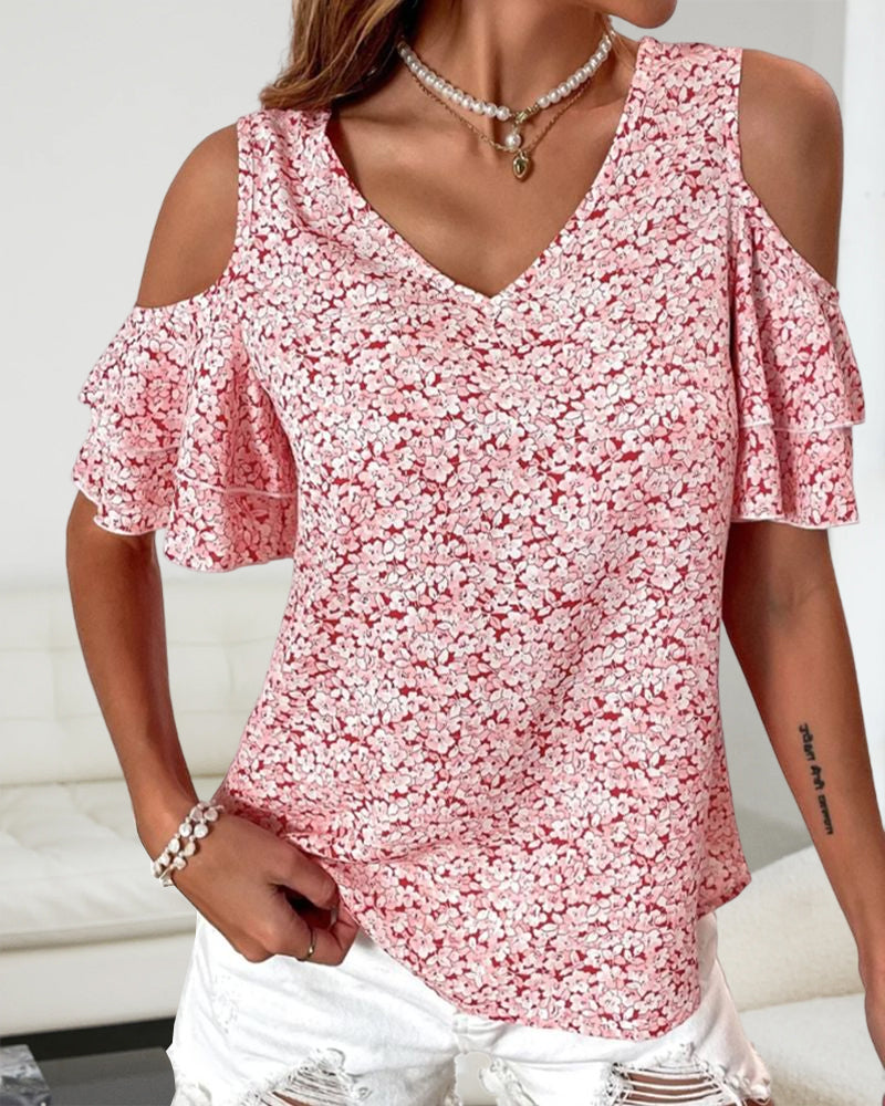 Cold Shoulder Floral Print  T-shirt