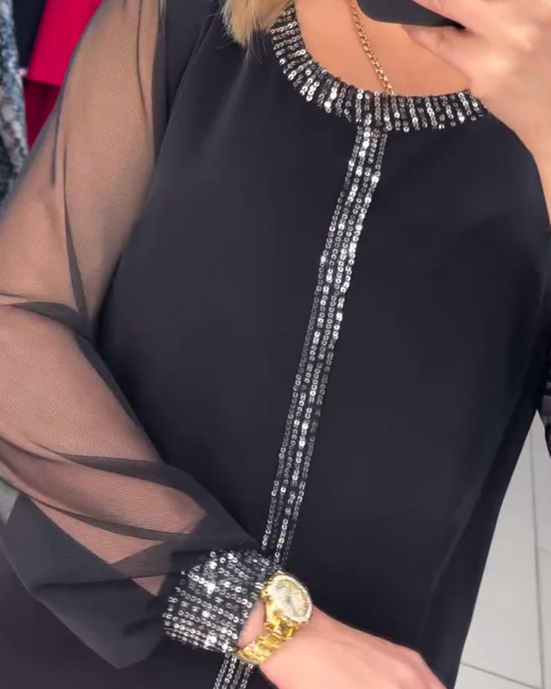 Sequin Panel Long Sleeve Blouse