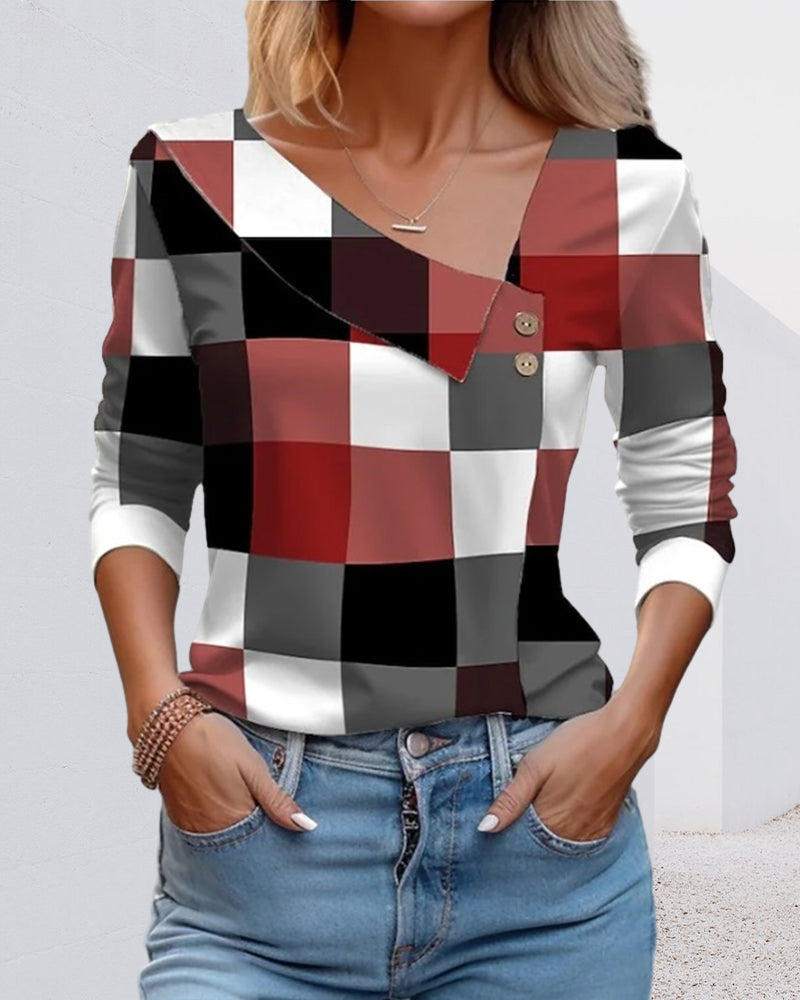 V Neck Plaid Top with Buttons