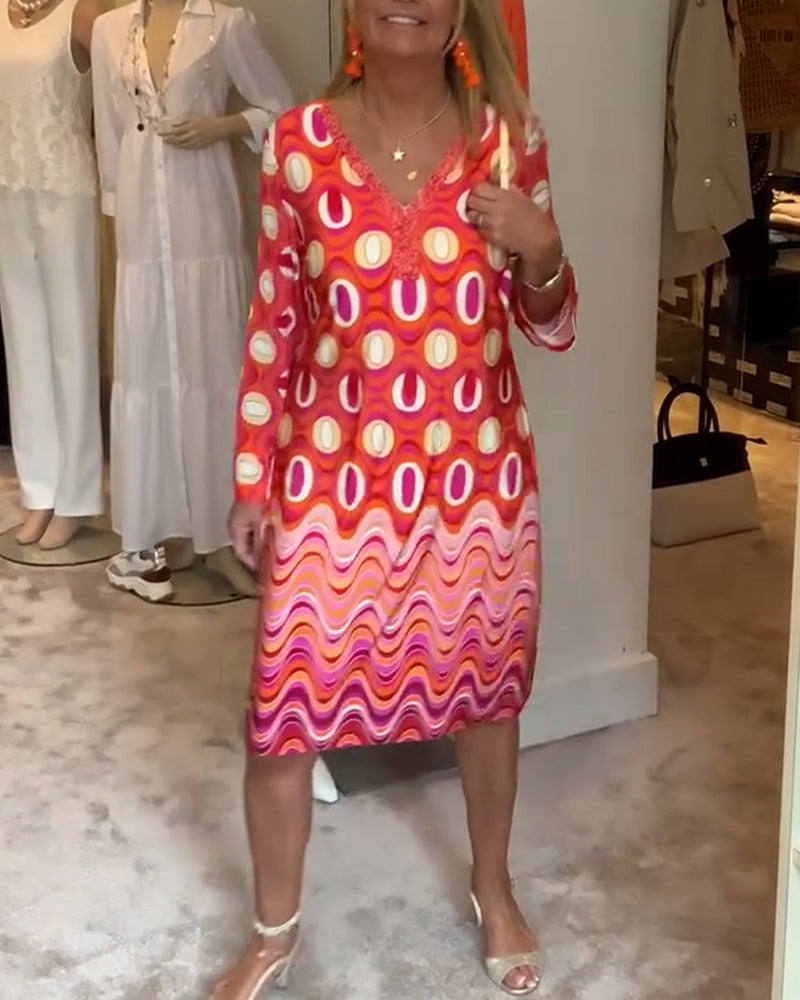 Casual loose printed V-neck long-sleeve dress