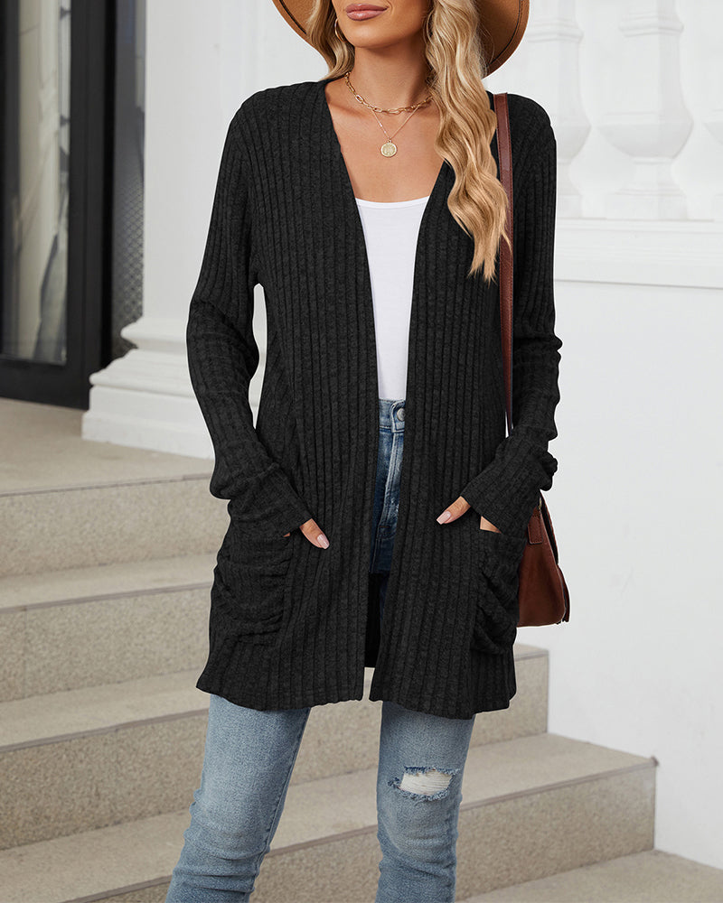 Casual solid color pocket long sleeve cardigan