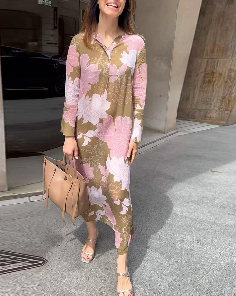Casual floral print long sleeve slit maxi dress