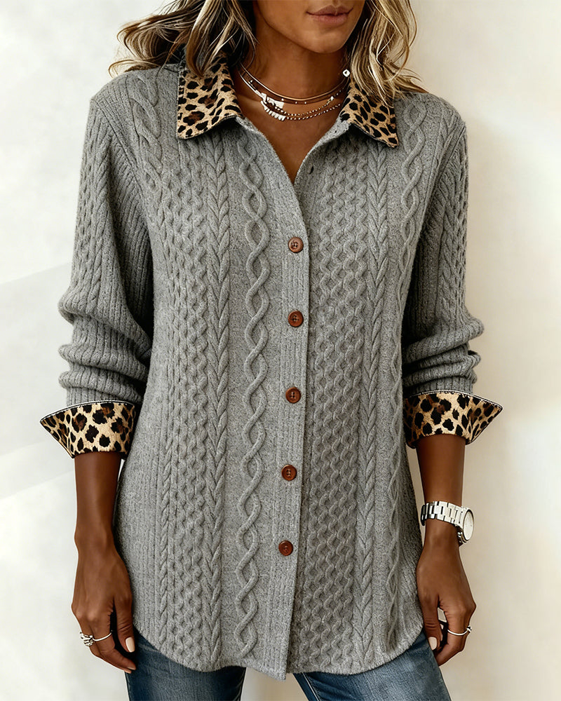 Color-Blocked Leopard Print Long-Sleeved Shirt