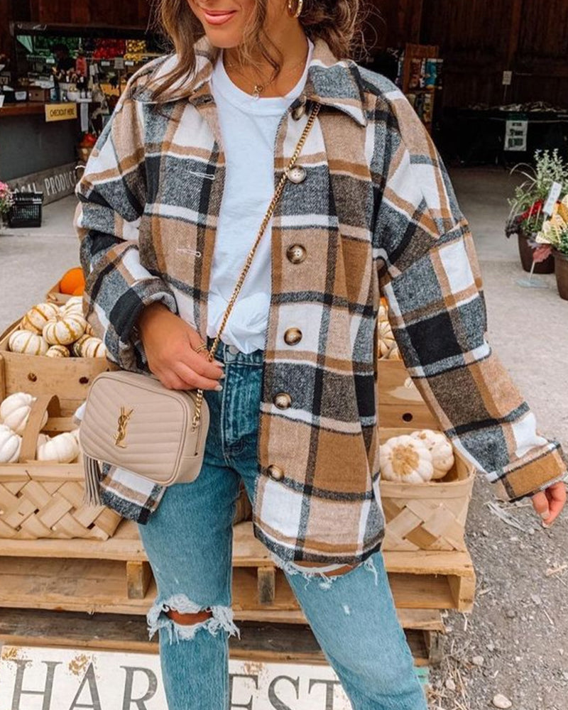 Casual plaid print button lapel jacket