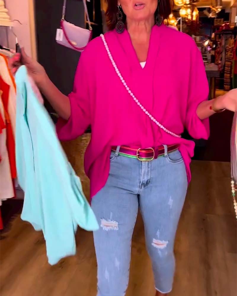 Casual solid color V-neck three-quarter sleeve blouse