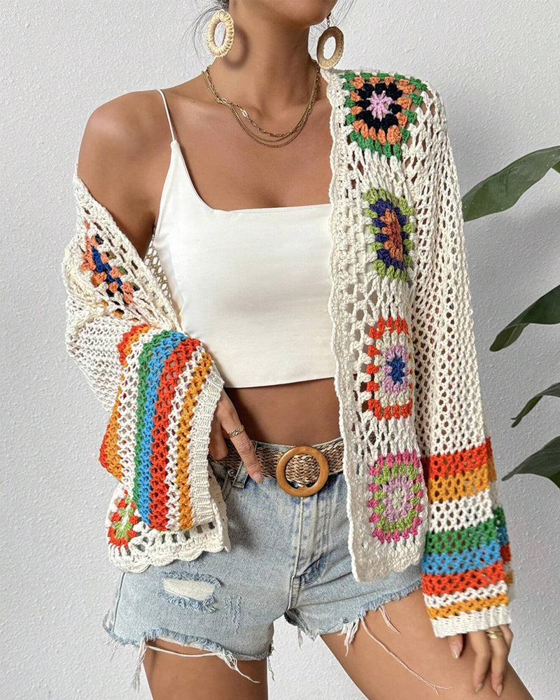 Casual colorful hollow long-sleeve cardigan