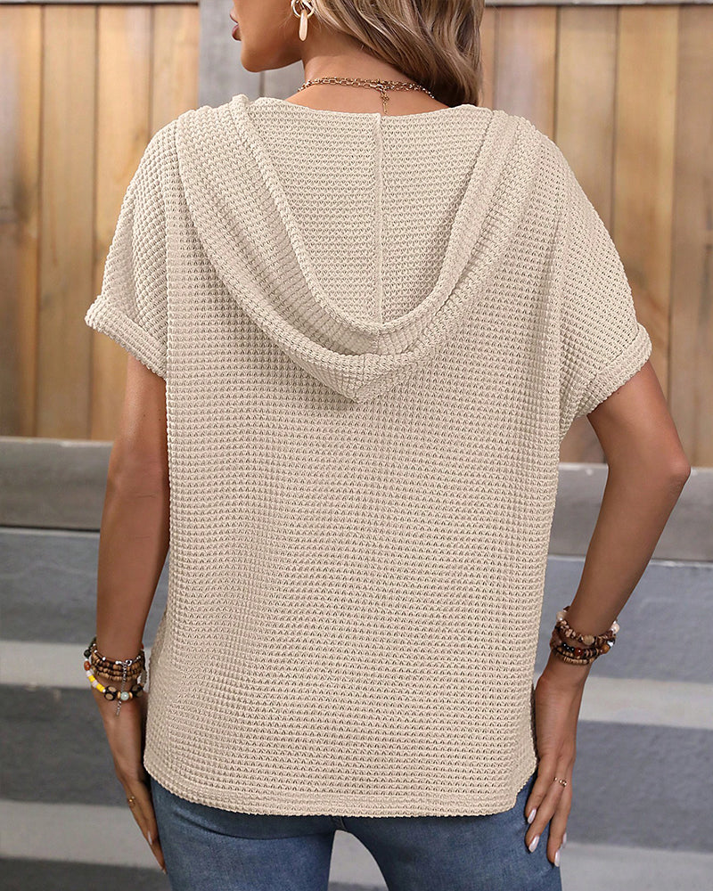 Button Batwing Sleeve Drawstring Hooded Top