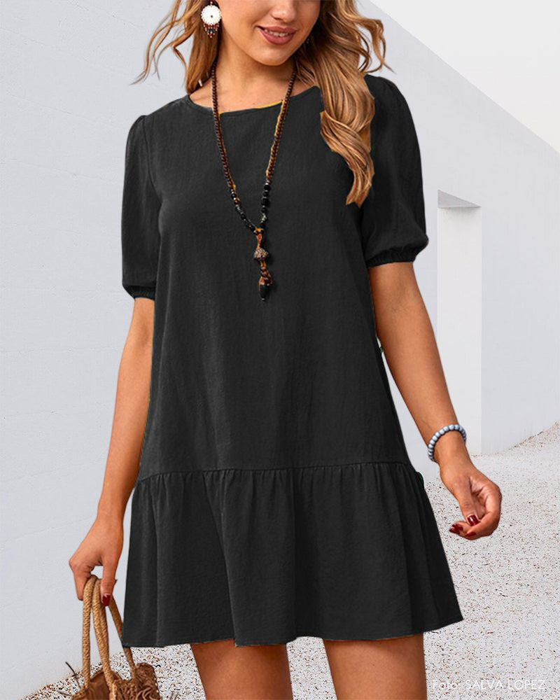 Cotton Linen Dress with Puff Sleeves