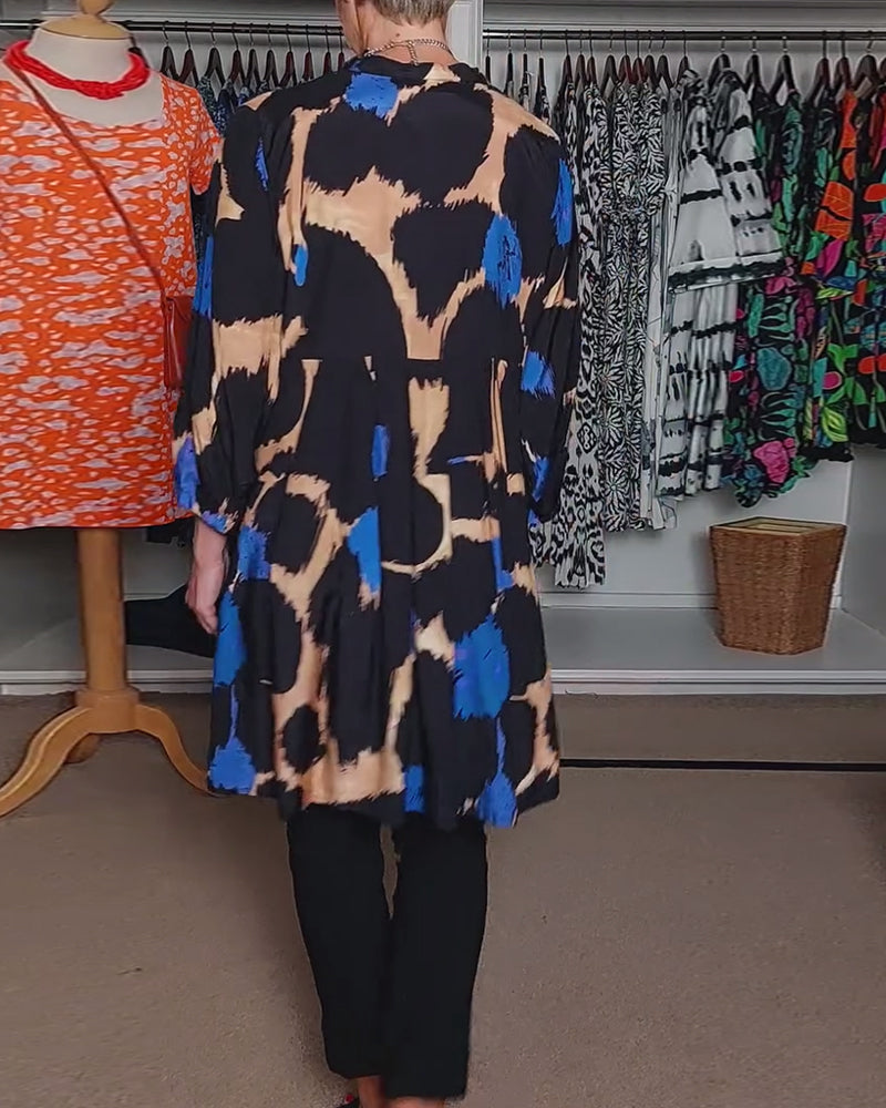 Contrast color print V-neck casual long-sleeve blouse