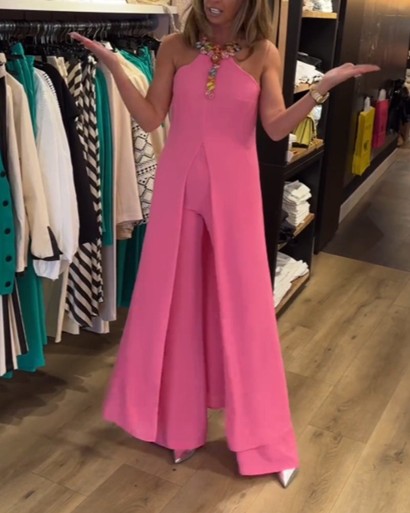 Halter neck slit solid color two piece set