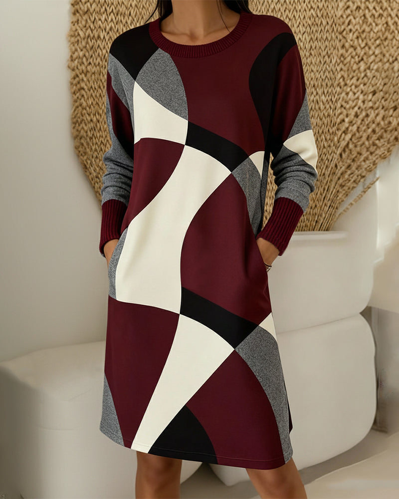 Color-Blocked Fashionable Round Neck Dress