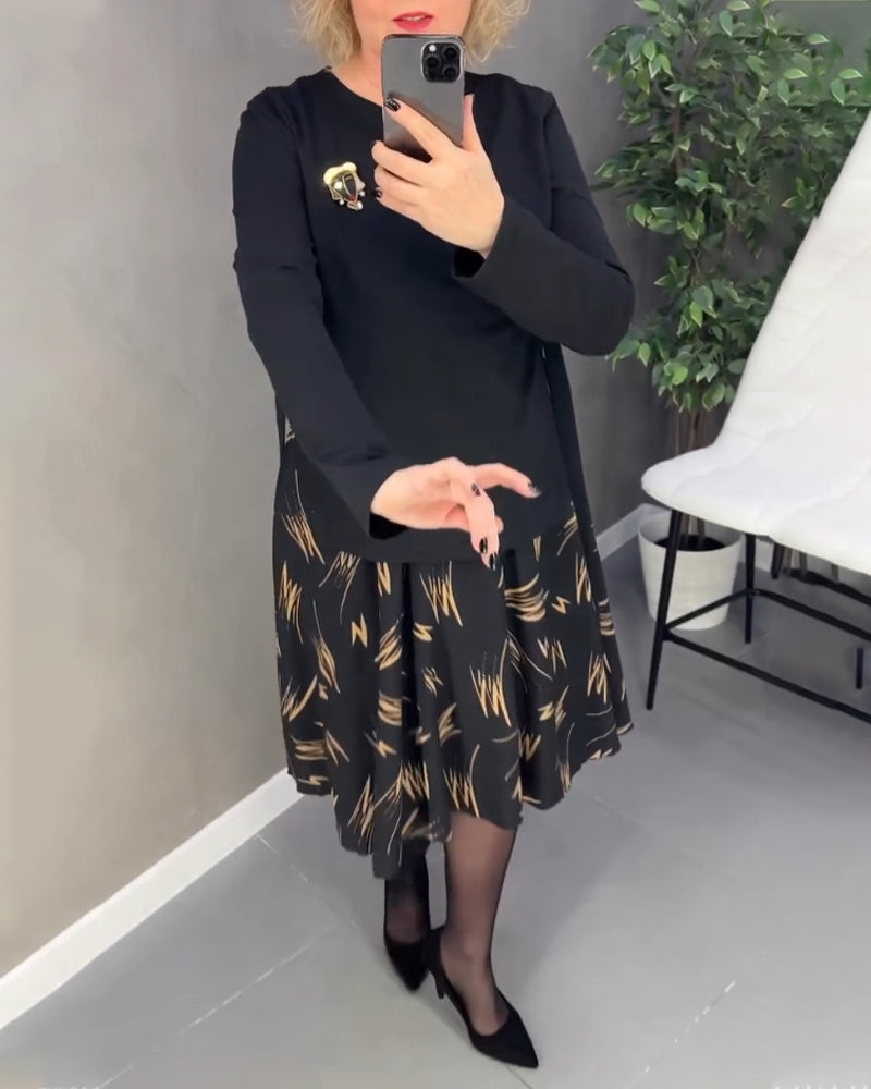 Casual Loose Print Dress with Round Neck