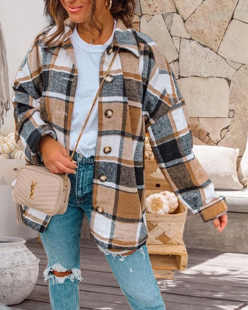 Casual plaid print button lapel jacket