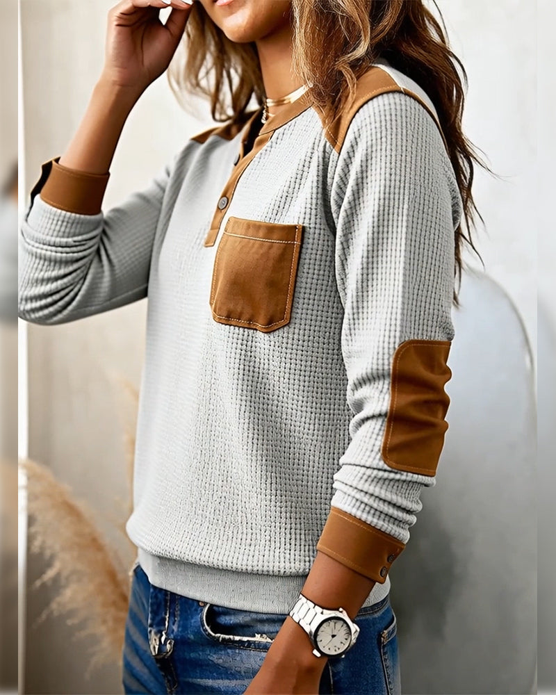 Contrast Color Open Button Pockets Sweatshirt