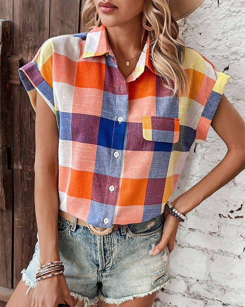 Colorful plaid print casual short-sleeved shirt