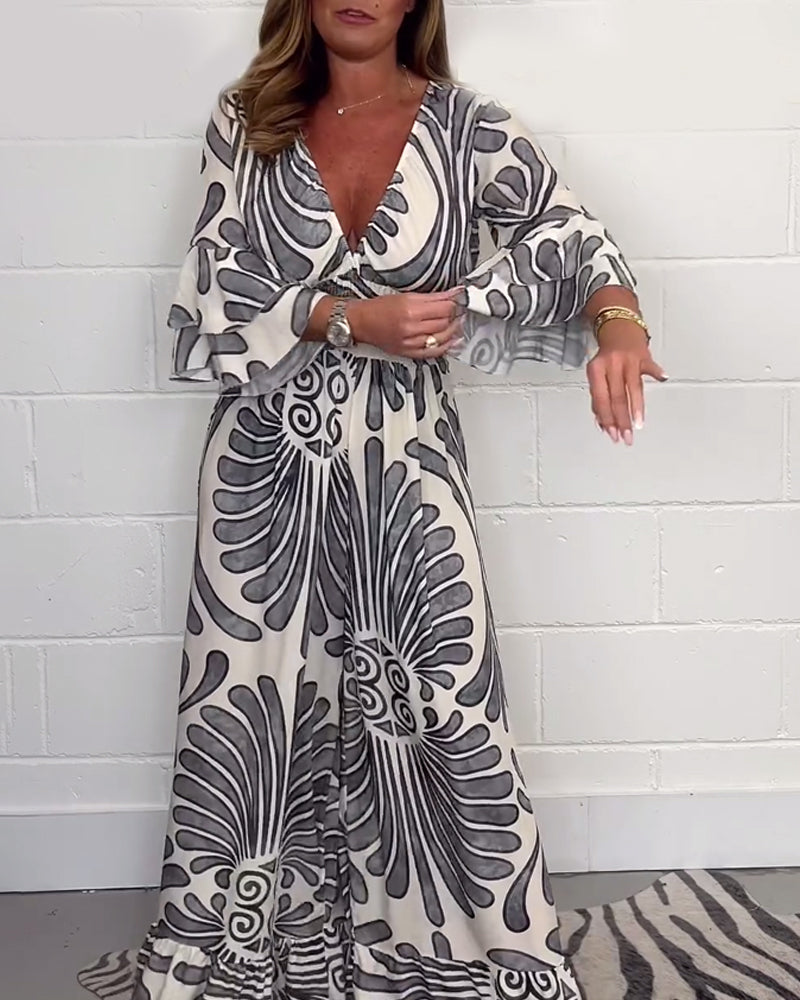 Deep V retro printed bell sleeve loose jumpsuit