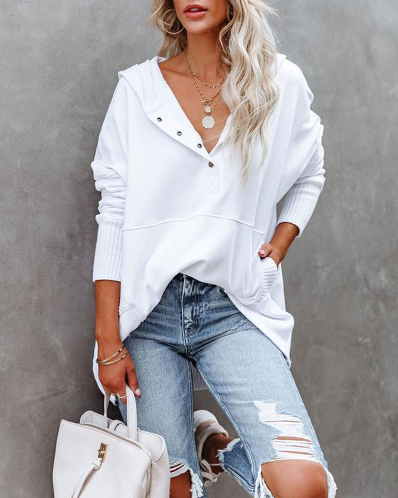 Casual V-Neck Hooded Solid Color Loose Sweatshirt