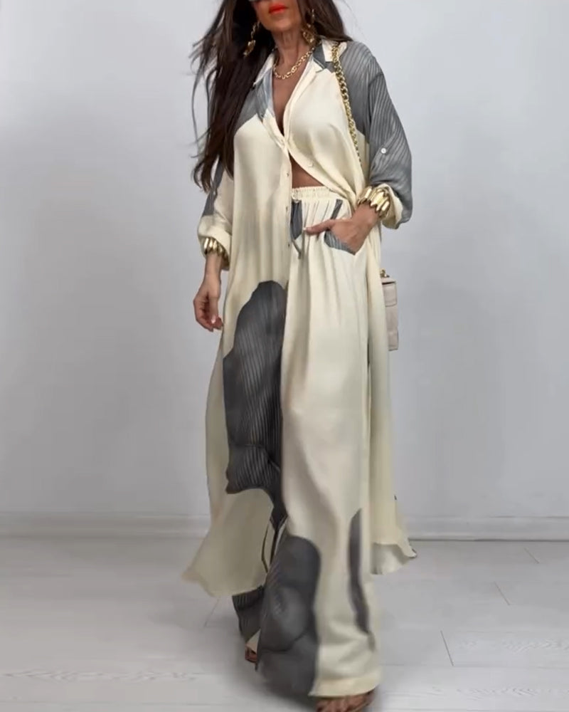 Lapel Button Colorblock Striped Straight Pants Suit