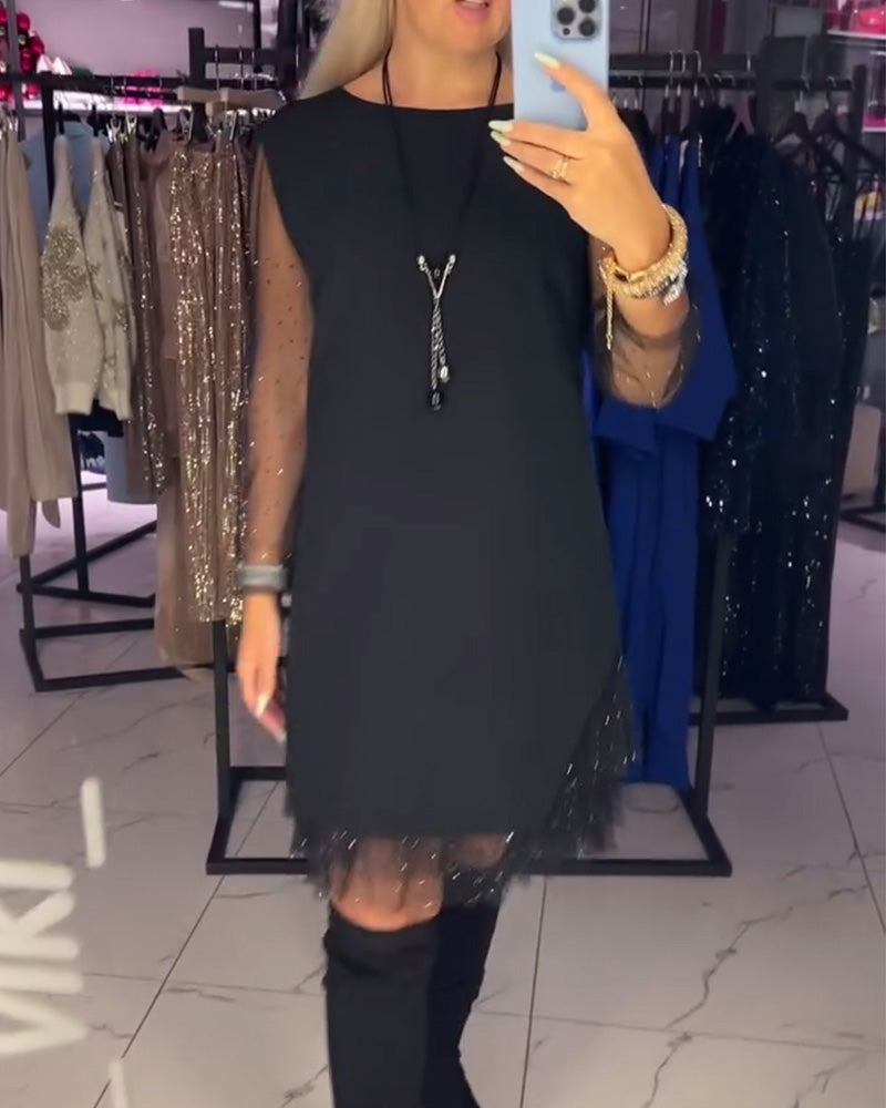 Round Neck Transparent Mesh Stitching Dress