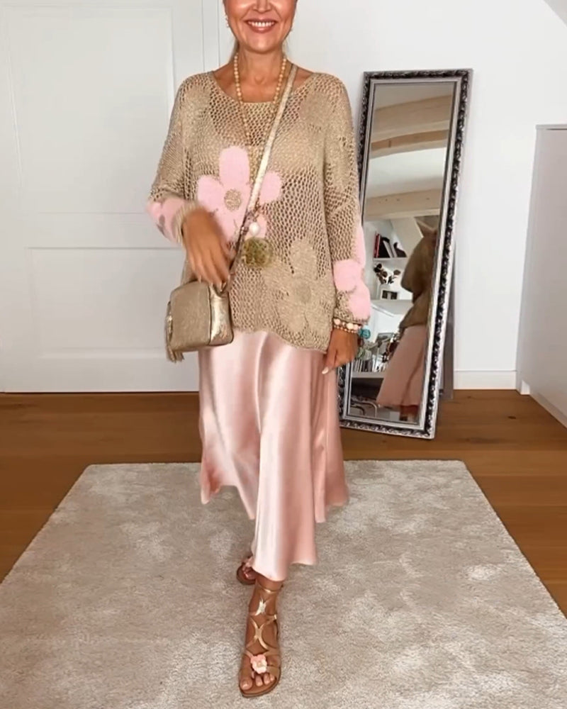 Casual floral round neck long sleeve hollow pullover