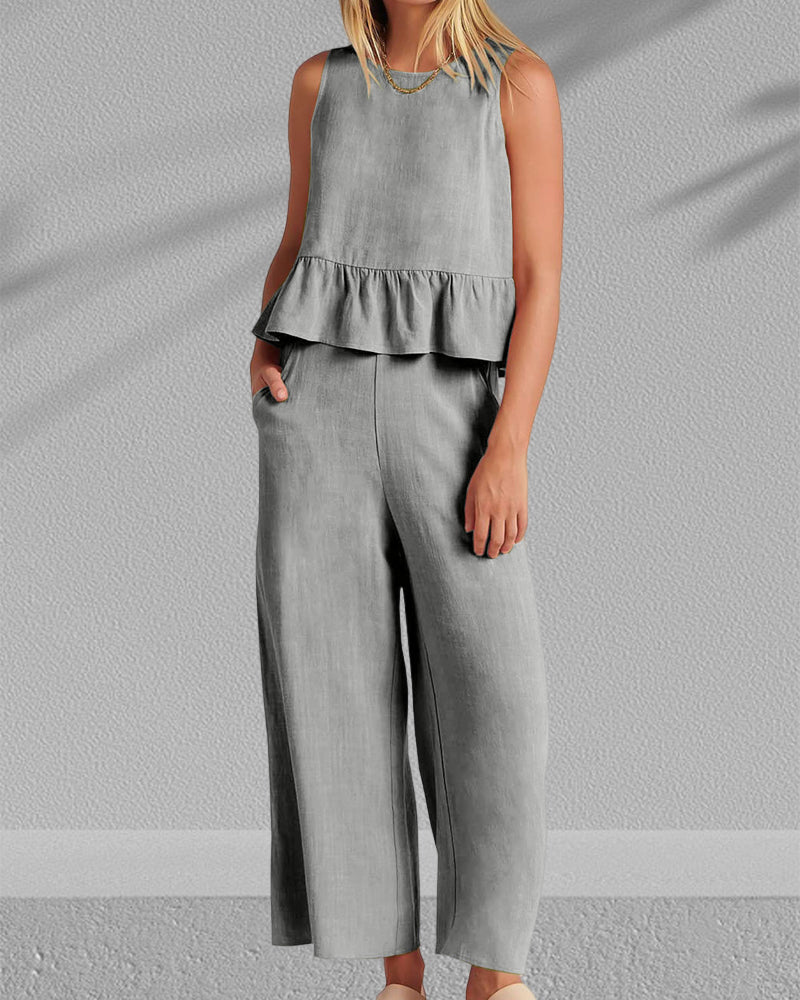 Ruffled sleeveless solid color two-piece suit