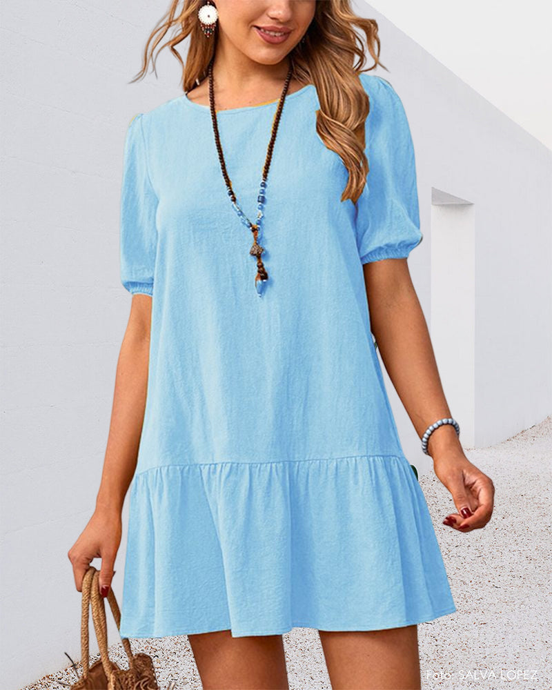 Cotton Linen Dress with Puff Sleeves