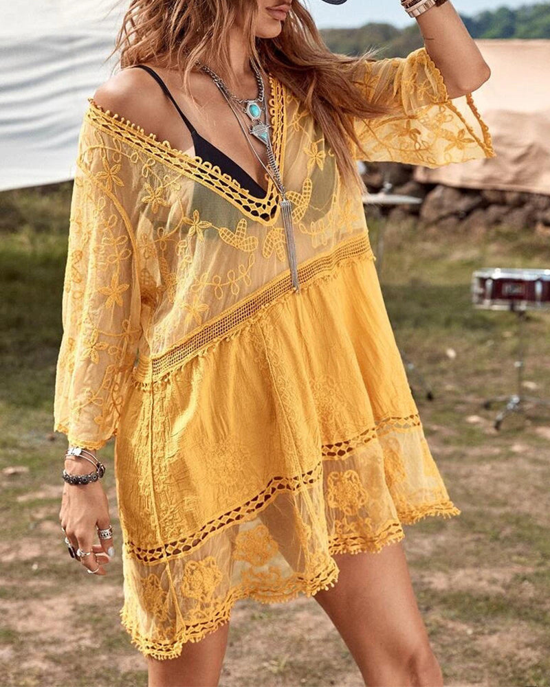 V-Neck Lace Embroidered Smock