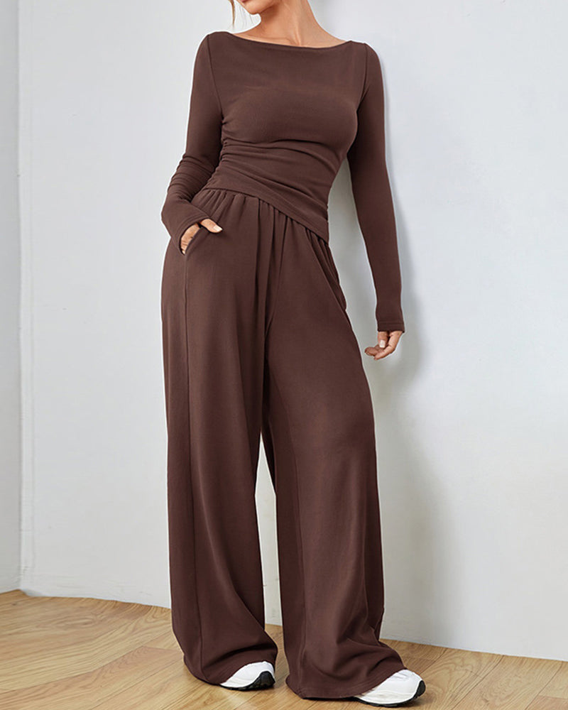 Two-piece set - solid color top and wide-leg pants
