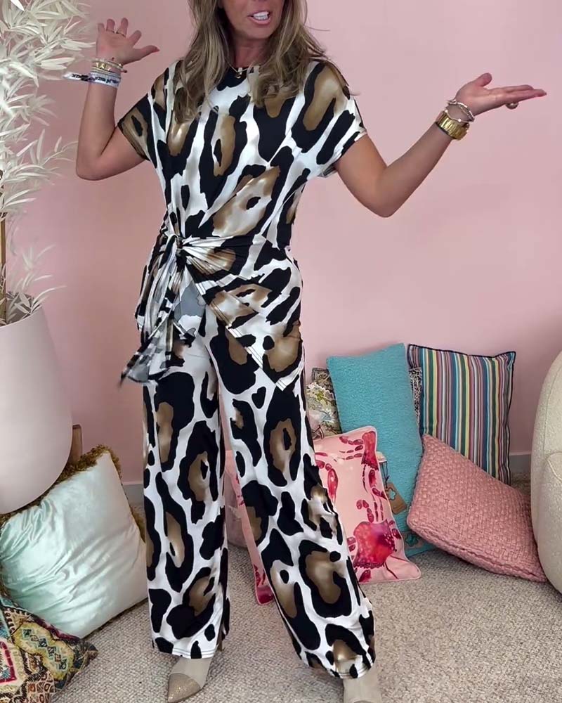 Leopard print lace-up casual two-piece set