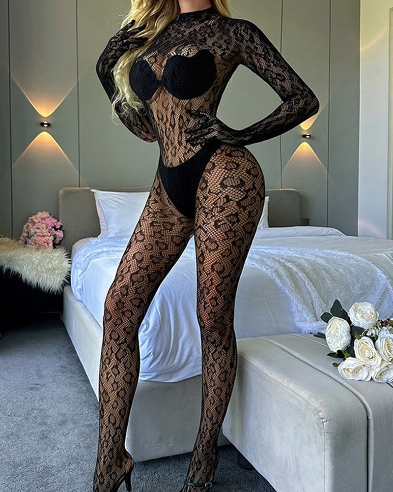 Long-Sleeved One-Piece Fishnet Stockings Underwear