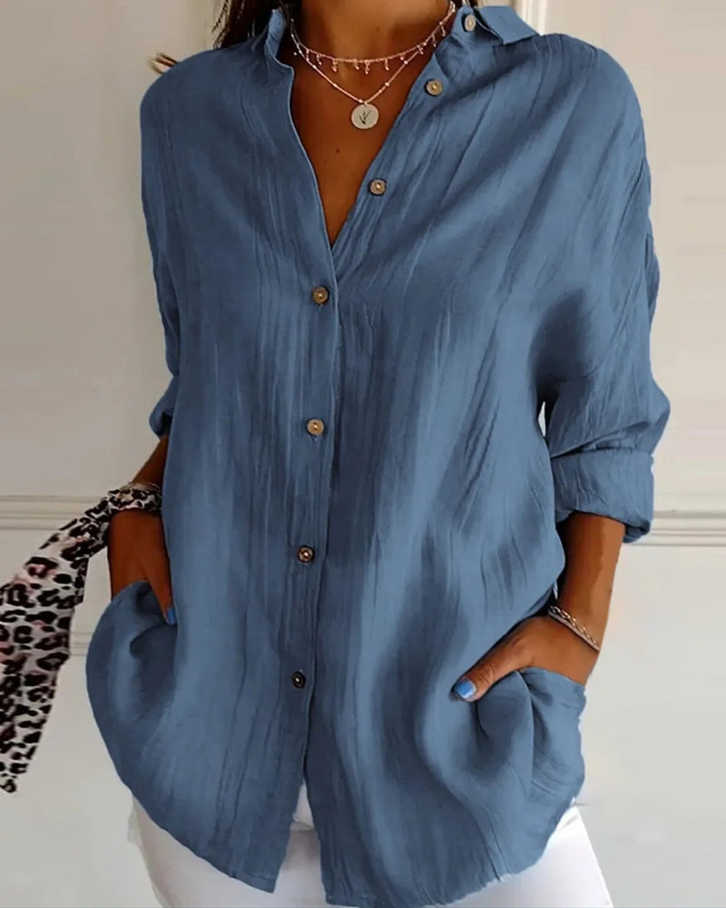 Casual solid color V-neck buttoned long-sleeve shirt
