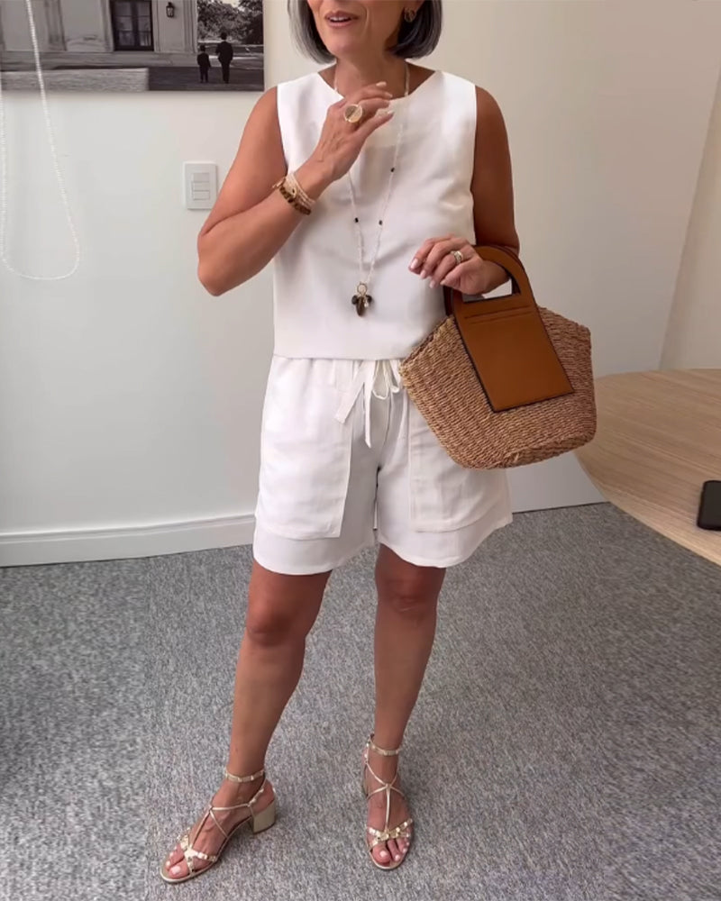 Round Neck Vest Shorts Solid Color Suit