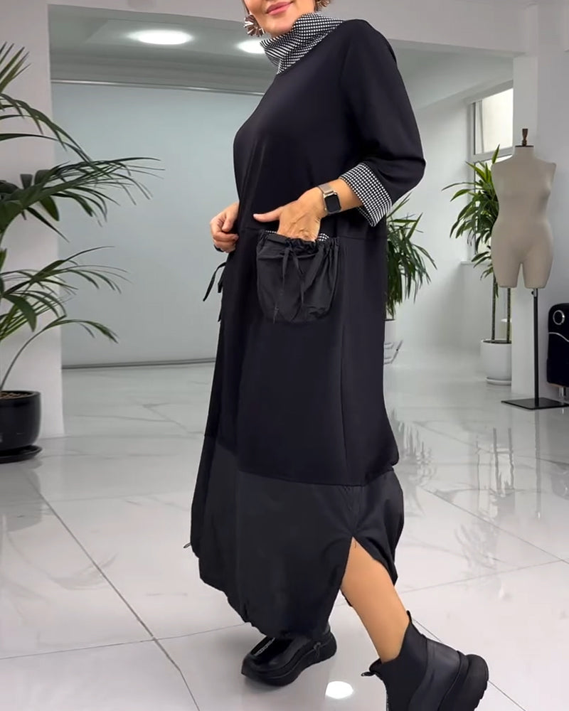 Casual plaid patchwork high collar pocket dress