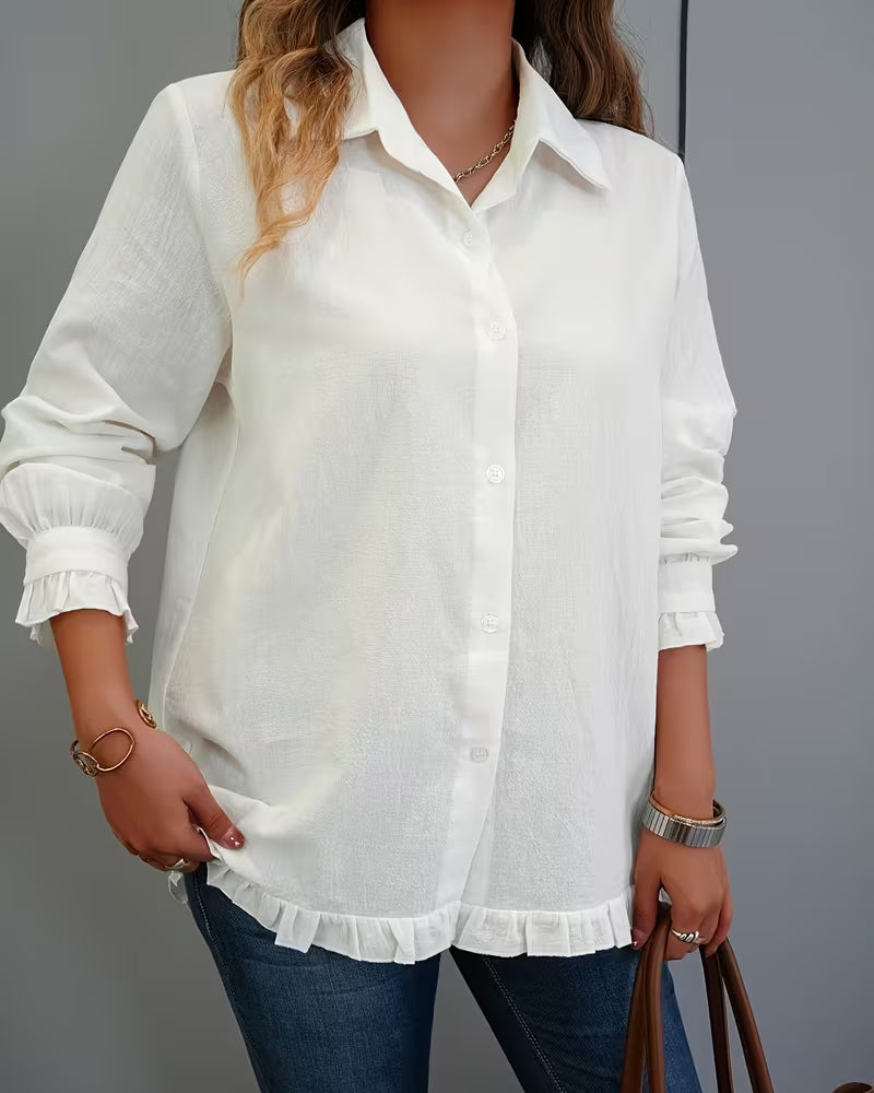 Cotton Ruffled Hem Collared Shirt
