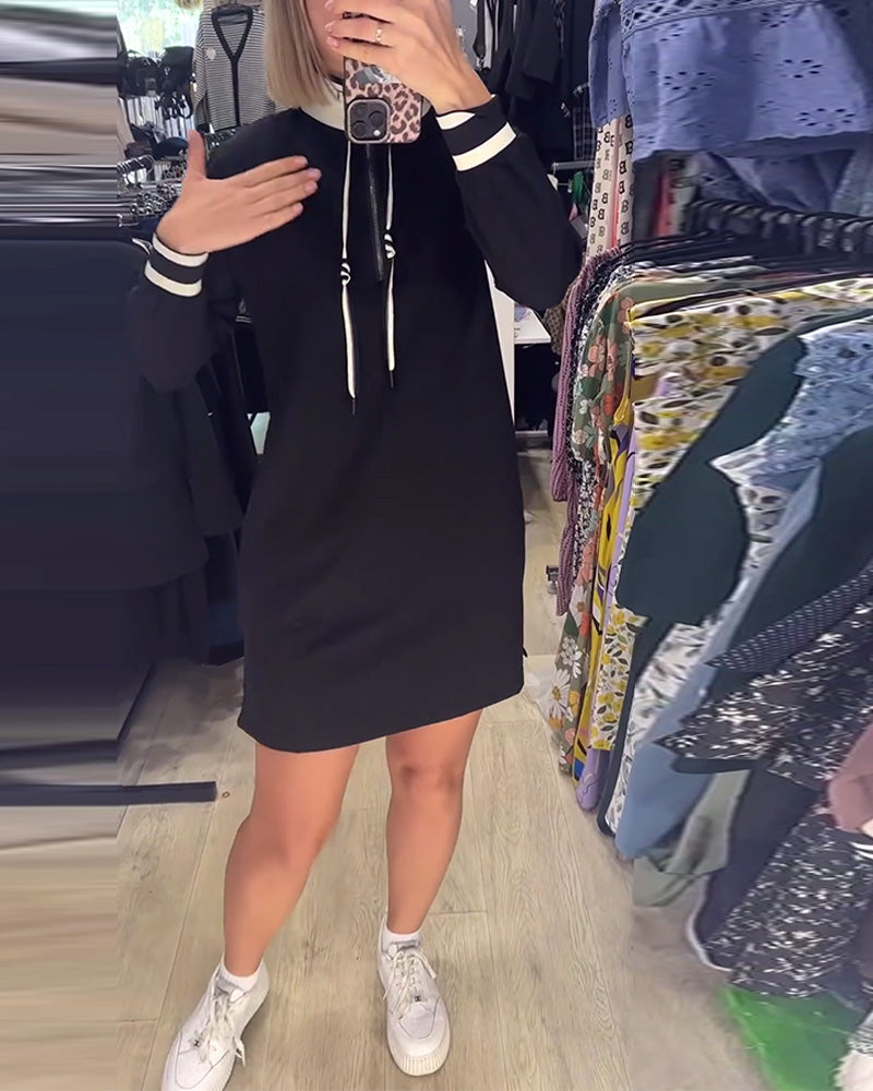 Casual stand collar long sleeve drawstring dress