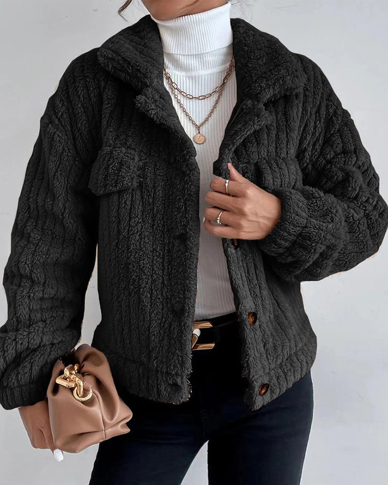 Casual solid color lapel button long sleeve thickened coat
