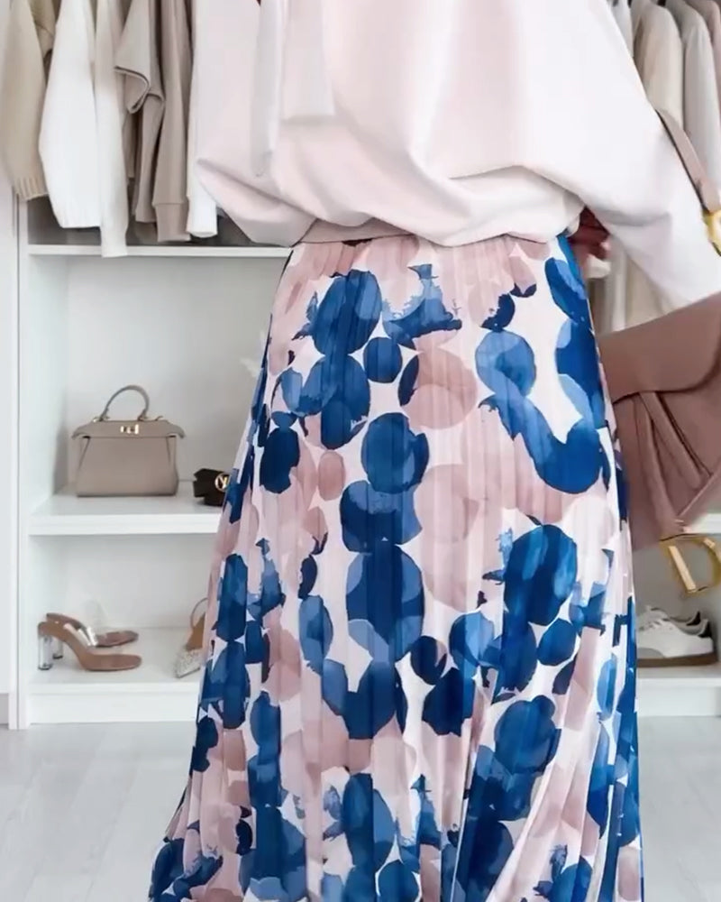 Pleated Printed Colorblock Skirt