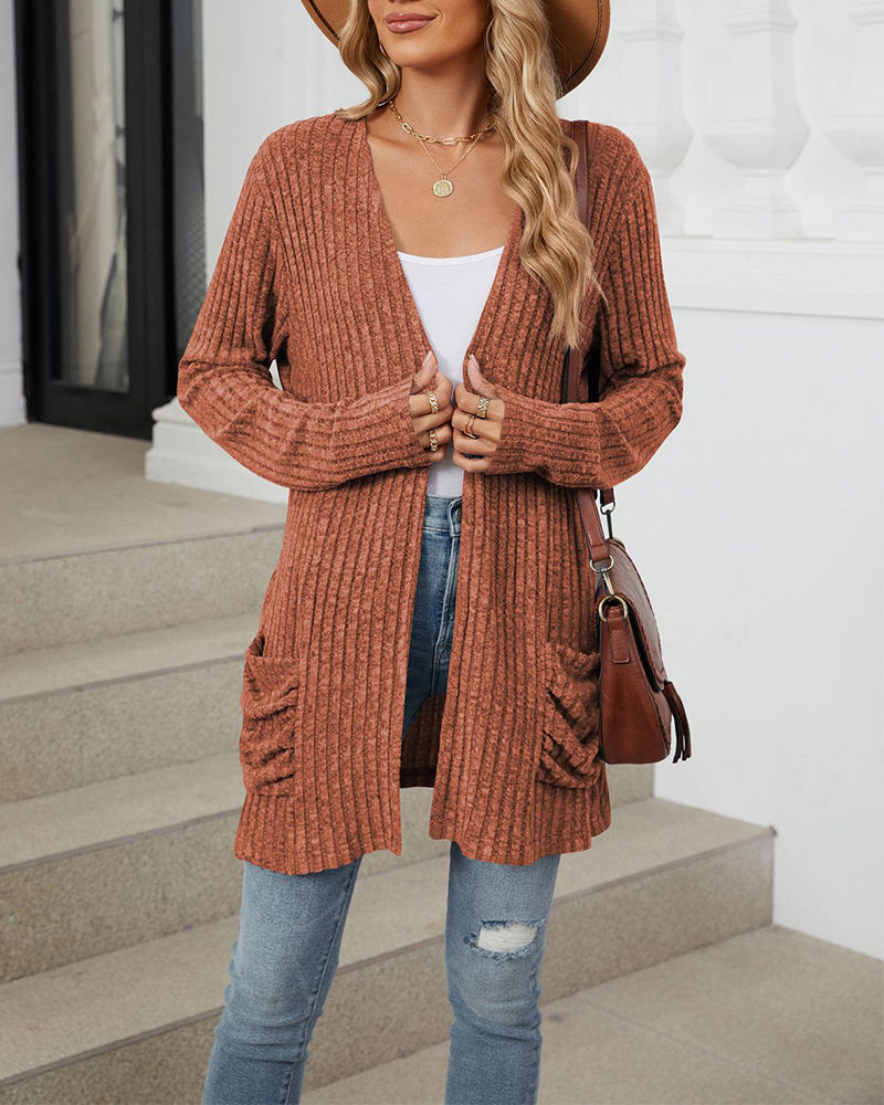 Casual solid color pocket long sleeve cardigan