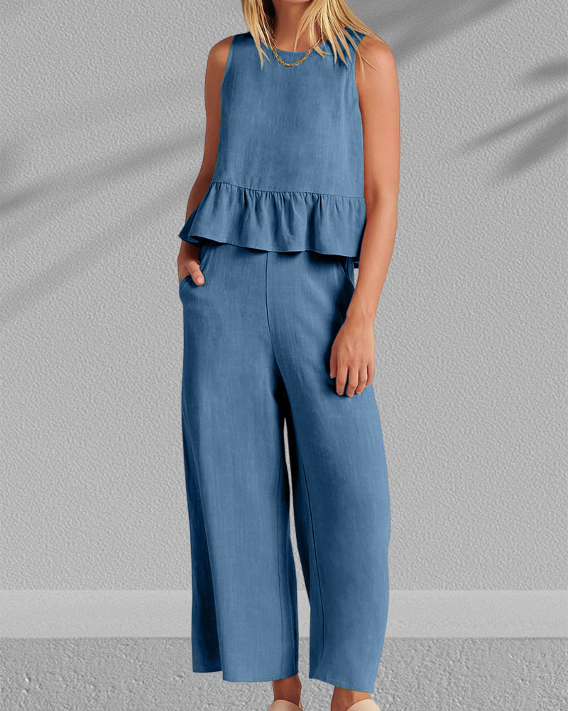 Ruffled sleeveless solid color two-piece suit