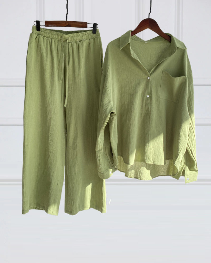 Solid color shirt pants two piece set