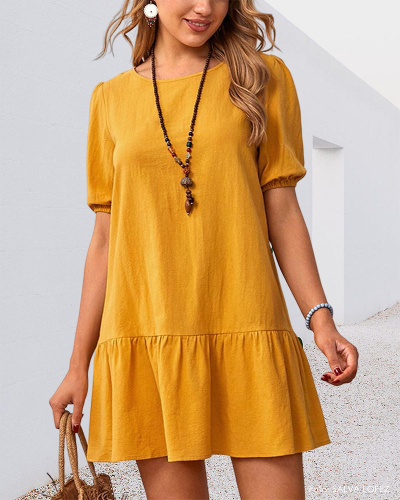 Cotton Linen Dress with Puff Sleeves