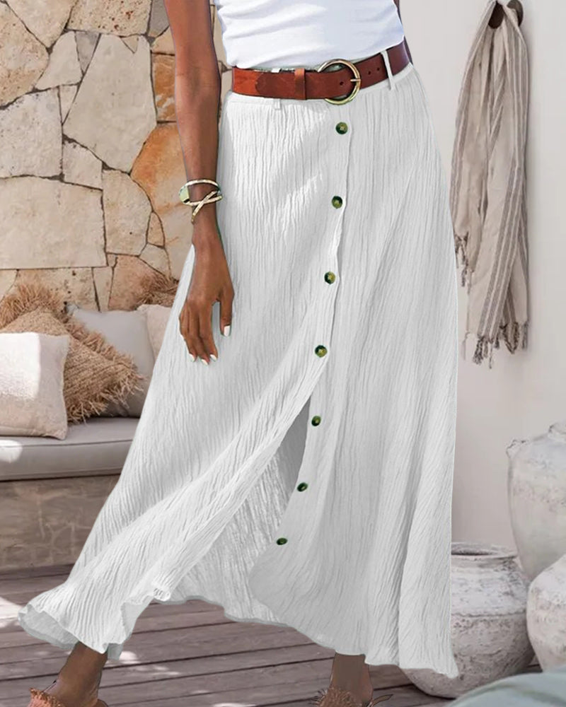 Button Slit Solid Color Long Skirt